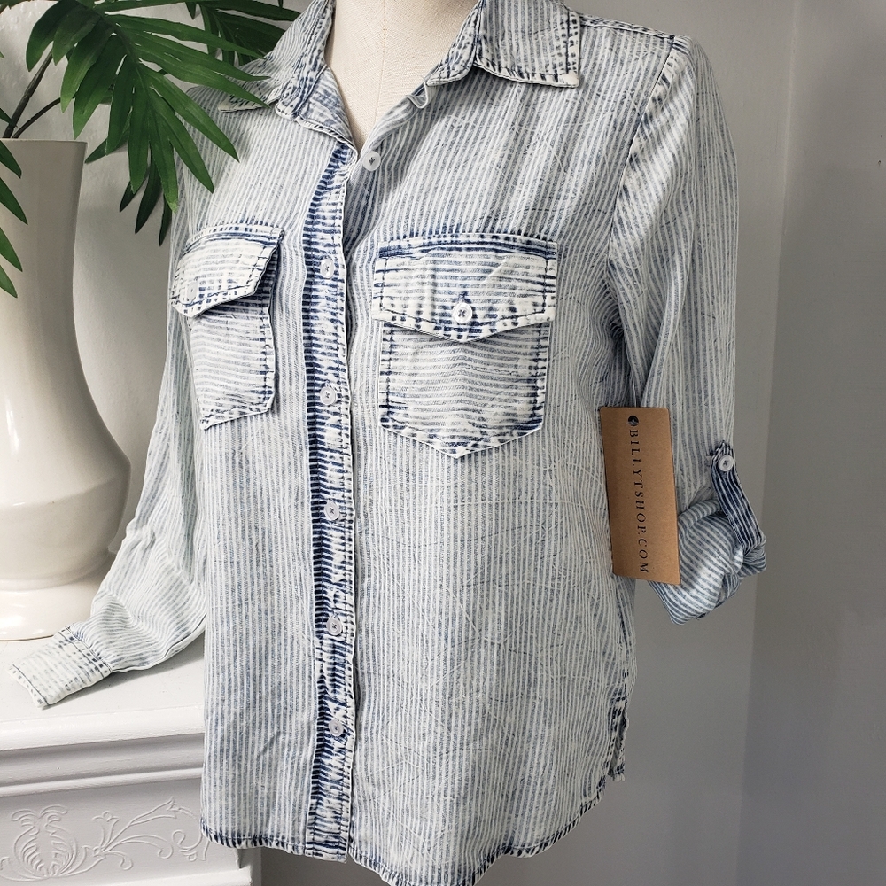 Billy T Blue Chambray Strip Distressed Western Pockets Coastal Ranch Preppy XS…